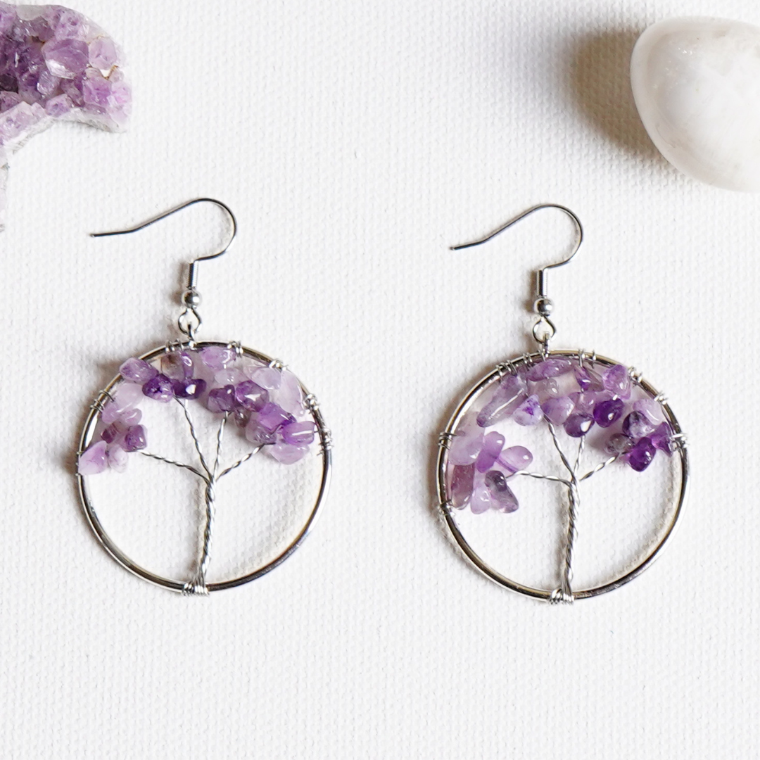 Amethyst Tree Of Life Chakra Earrings