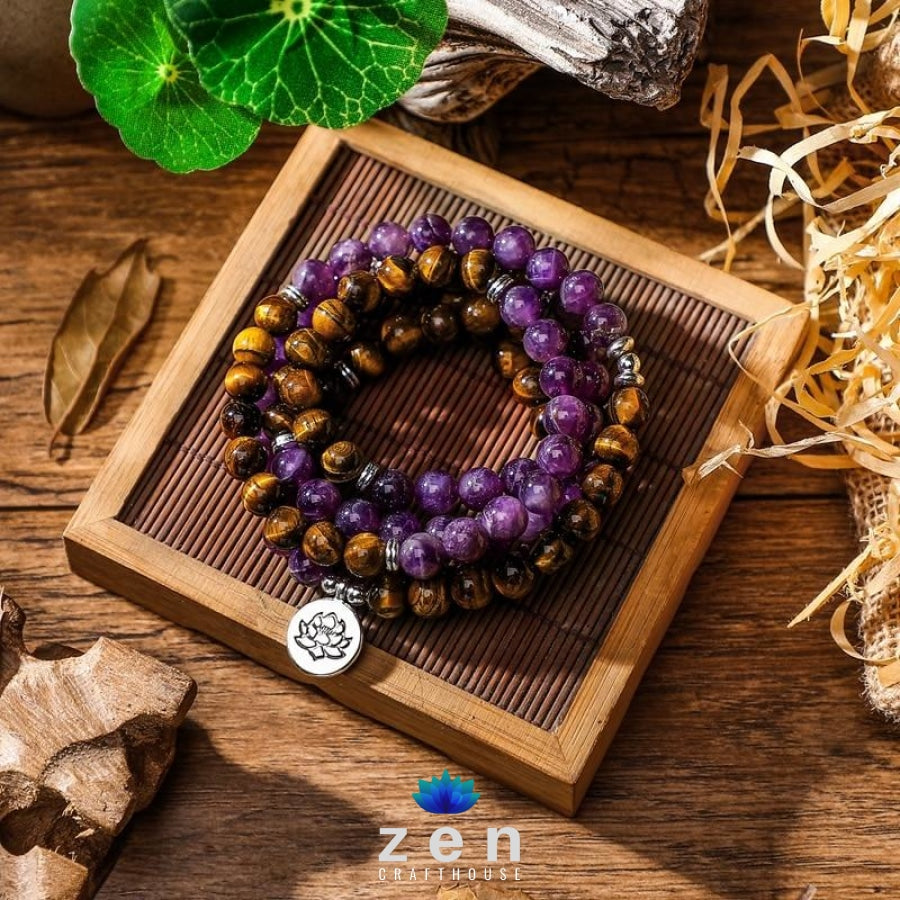 Peace & Protection Amethyst Tiger Eye Mala | 4 Charms
