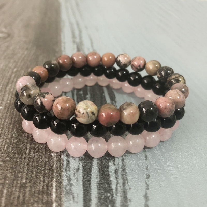 Onyx, Rhodonite and Rose Quartz Charm Bracelet