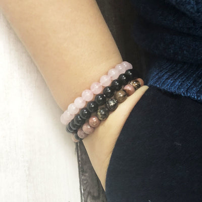 Onyx, Rhodonite and Rose Quartz Charm Bracelet