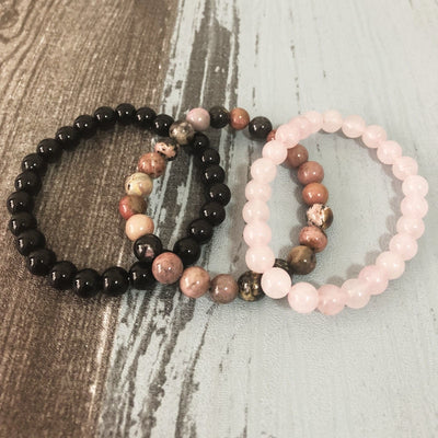 Onyx, Rhodonite and Rose Quartz Charm Bracelet