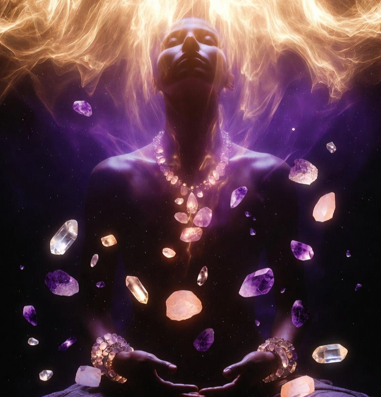 Person meditating with crystal jewelry surrounded by high vibration energy waves and glowing crystals symbolizing spiritual frequency elevation