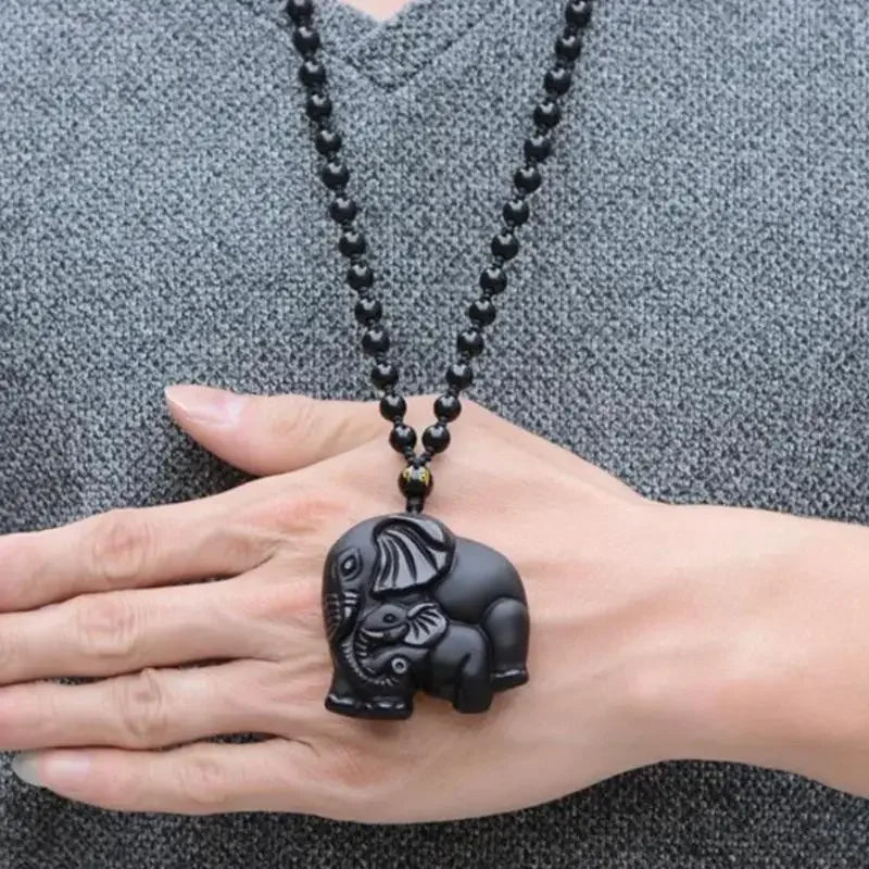 Obsidian Carved Mother & Baby Elephant Necklace