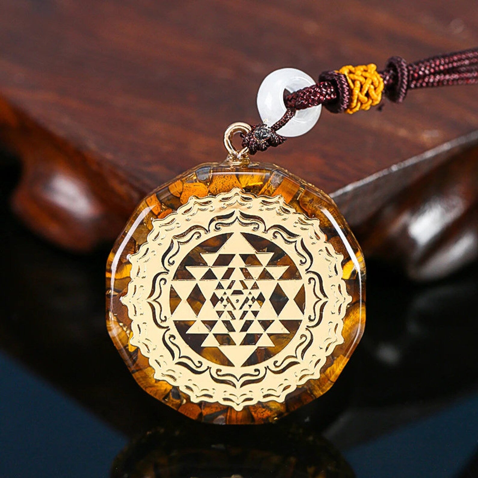 Sacred Sri Yantra Orgonite Necklace with Tiger's Eye