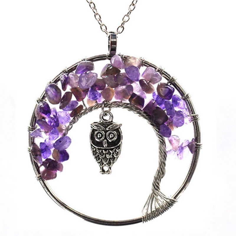 Natural Amethyst Tree Of Life Necklace With Owl Luck Charm