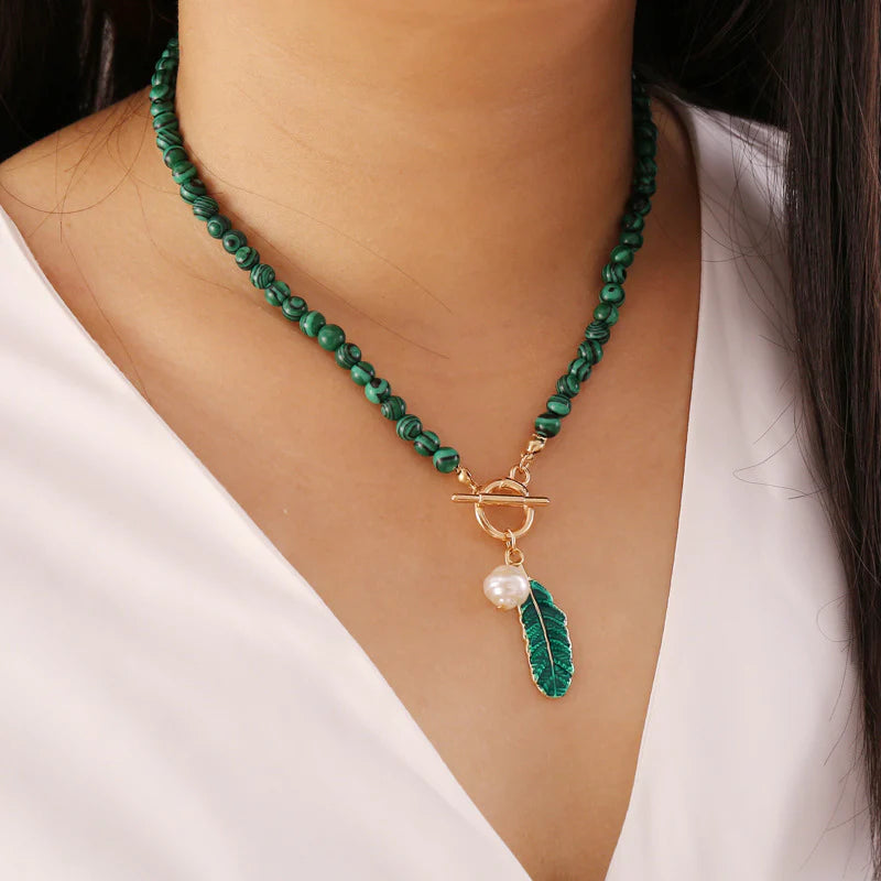 Malachite Pearl & Leaf Elegant Necklace