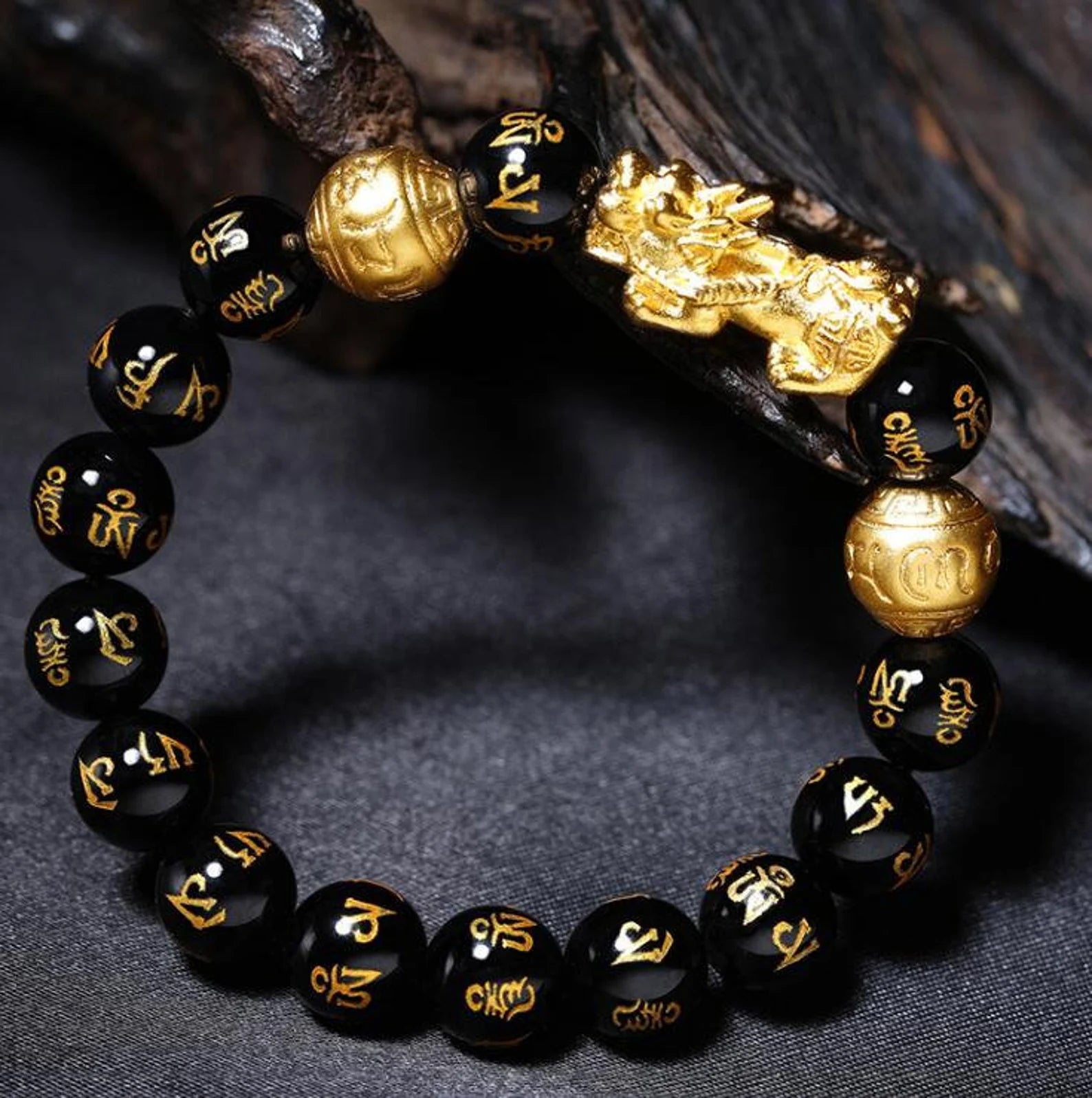 Natural Obsidian Pixiu Wealth & Luck Engraved Bracelet