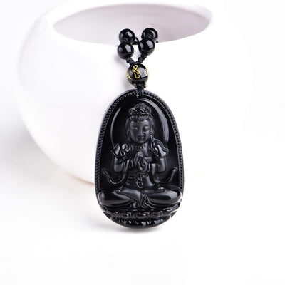 Unique Black Obsidian Buddha Carved Necklace