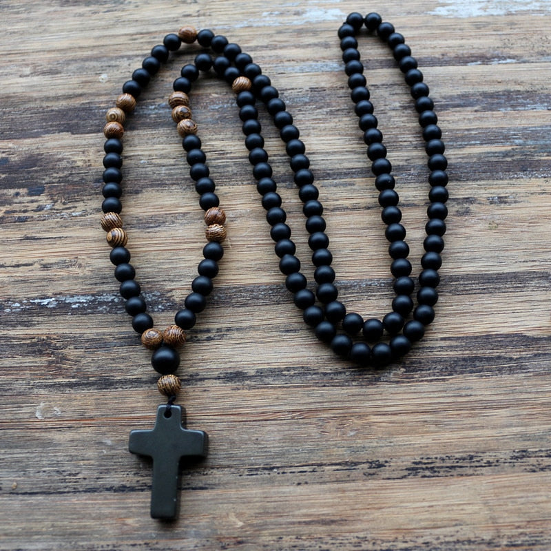 Black Onyx Cross & Rosewood Necklace