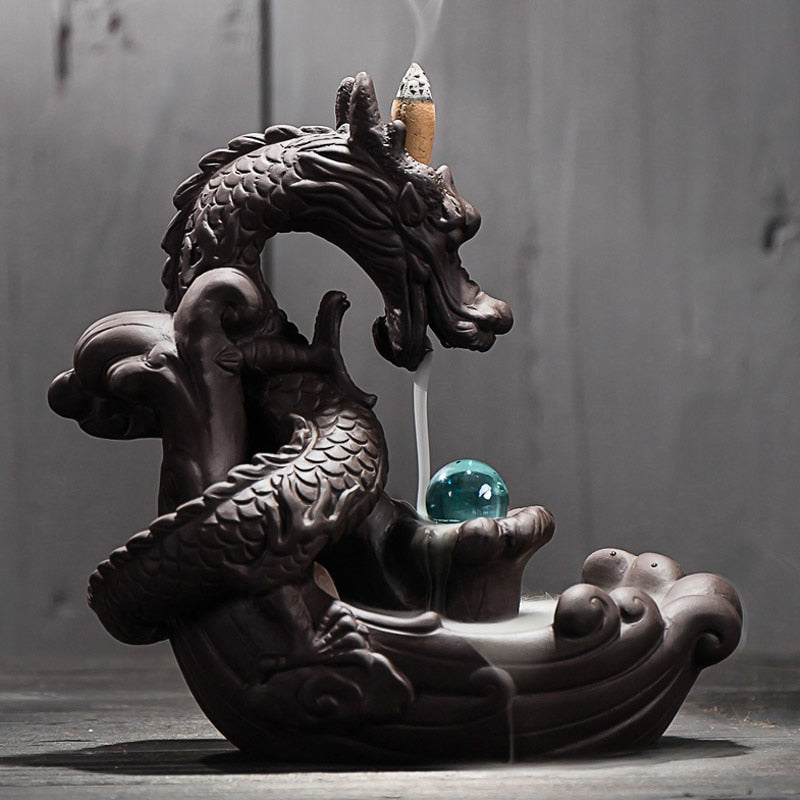 Ceramic Dragon Back-flow Incense Burner - 20 Incense Cones free gift