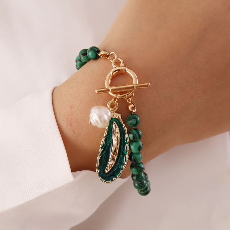 Malachite Pearl & Leaf Elegant Bracelet