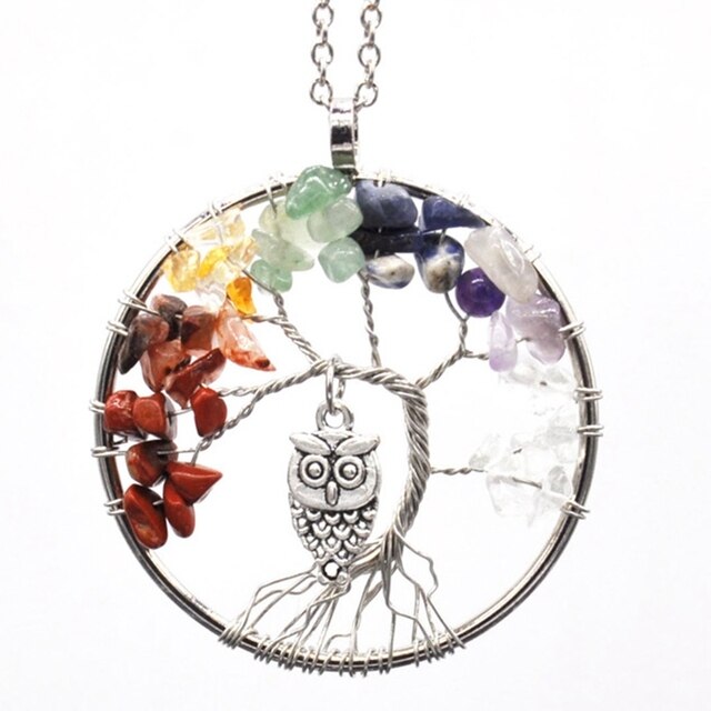 7 Chakra Tree Of Life Pendant Necklace Crystal Quartz Chip Stone Silver  Gift 5cm | eBay