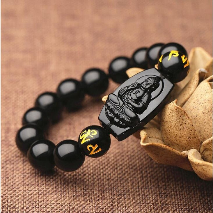 Natural Black Obsidian Carved Buddha Bracelet - Clarity and Protection