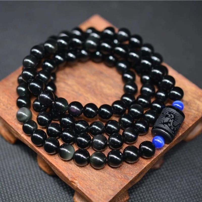 Black Obsidian 108 Rainbow Mala Bracelet - Phoenix and Dragon Charm