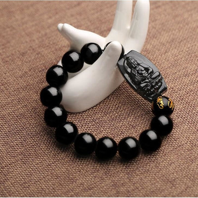 Natural Black Obsidian Carved Buddha Bracelet - Clarity and Protection