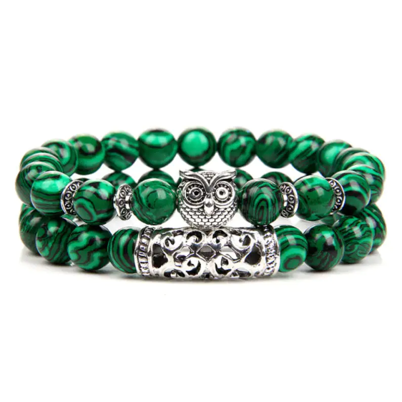 Malachite Peaceful Energy With Owl Charm Lucky Bracelet