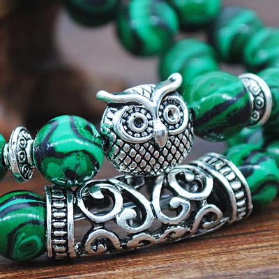 Malachite Peaceful Energy With Owl Charm Lucky Bracelet